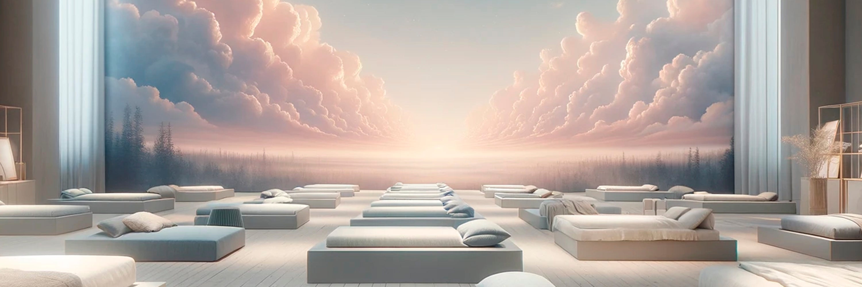 Senge showroom med drømmeagtig solopgang - AI genereret foto